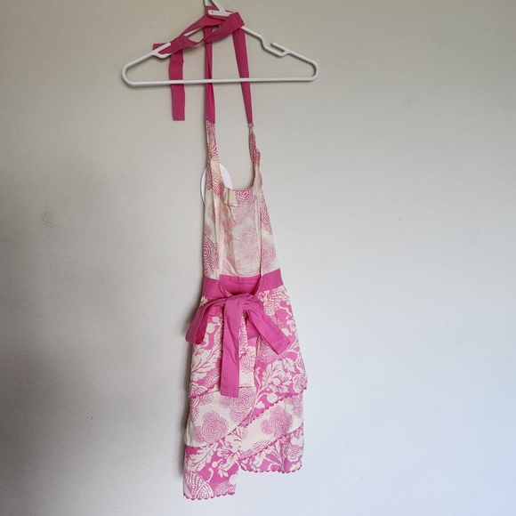Simply Envogue Sweet Whisper retro pink white floral print ruffle apron cute NWT - Picture 7 of 12